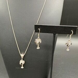 Sterling Silver Palm Tree Pendant & Earring Set 925 Italy 20"‎ Chain With Box